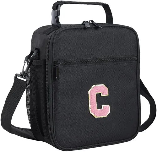 Vista 106 de ELEFOCUS Lonchera aislada con inicial para mujeres y hombres, bolsa de almuerzo personalizada con monograma con correa de hombro ajustable