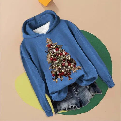 Vista 2 de Sudadera con capucha para mujer, de color sólido, plisado, manga larga, con estampado navideño, sencilla, casual, para otoño e invierno