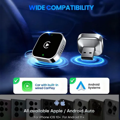 Vista 5 de Adaptador inalámbrico CarPlay y dongle automático Android, plateado brillante, conexión automática rápida, convertidor inalámbrico compacto