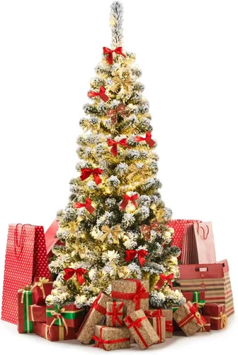 Vista 30 de GOFLAME Árbol de Navidad Artificial Preiluminado de 6 Pies, Árbol de Navidad Delgado con Cobertura de Nieve y Forma de Lápiz con Luces LED