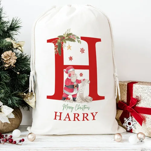 Vista 3 de Saco de Papá Noel personalizado con inicial y nombre para niños, bolsas de regalo de Navidad personalizadas para regalos de vacaciones, caja