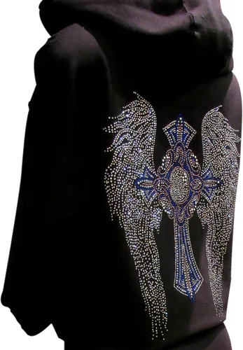 Vista 3 de Sudadera con capucha con cremallera negra con diamantes de imitación multicolor y alas de ángel, Negro