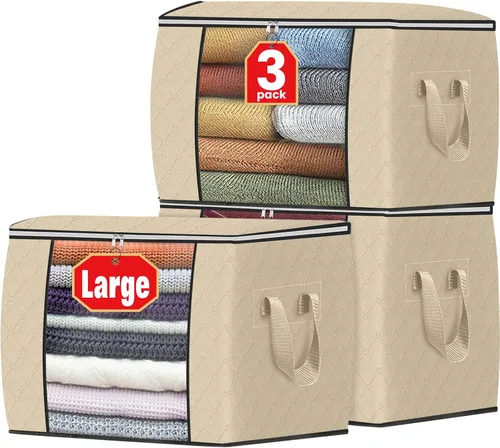 Vista 36 de Fab totes Paquete de 3 bolsas de almacenamiento plegables de tela gruesa, contenedores para organizar dormitorio, armario, ropa, edredón, Beige