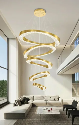 Vista 7 de Flashing God Lámpara de Araña Grande para Techo Alto, Lámpara de Araña de Cristal Moderna de 5 Anillos para Entrada, Accesorios de Iluminación