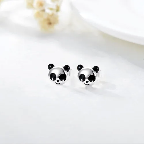 Vista 2 de Aretes tipo dormilona de oro amarillo de 10 quilates y 14 quilates con diseño de oso panda para mujeres y niñas pequeñas, aretes para mascotas