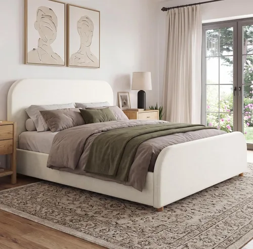 Vista 12 de Merax Marco de cama tamaño Queen, cama de plataforma tapizada de lino con cabecero y estribo de 44 pulgadas de alto, base de madera maciza, diseño