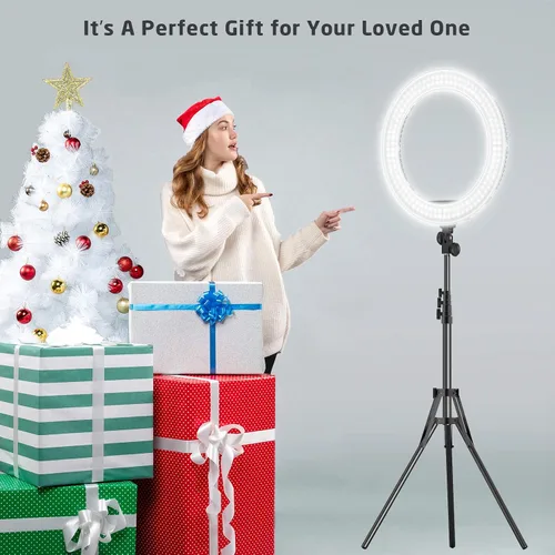 Vista 7 de Anillo de luz de 18 pulgadas con soporte, 60 W bicolor 3000-5800K anillo de luces profesionales con trípode para maquillaje Vlog, anillo grande