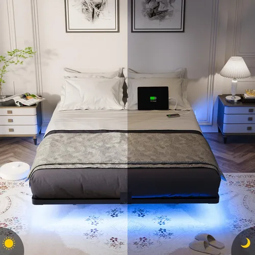 Vista 8 de OLEVS - Marco de cama flotante de metal tamaño matrimonial con luz LED y estación de carga Full Metal Platform Bed Frame with Smart LED, Charging
