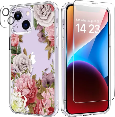 Vista 7 de bicol Funda para iPhone 14 Plus con Protector de Pantalla y Lente de Cámara - Diseños Florales de Moda para Mujeres y Niñas - Funda Transparente