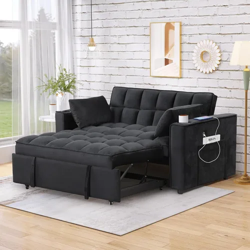 Vista 29 de Sofá cama convertible de terciopelo con respaldo ajustable y enchufe USB, sofá cama extraíble multiposición tamaño individual con 2 almohadas