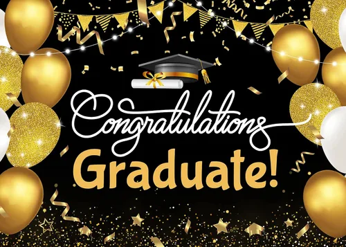 Vista 4 de Telón de fondo de graduación de 5 x 3 pies para sesión de fotos, globos negros y dorados, felicitaciones, graduados, clase de 2025, felicitaciones