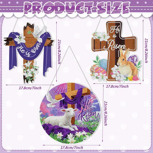 Vista 3 de Menkxi 3 piezas de arte de diamantes de Pascua para adultos, kit de pintura de diamante con cruz de He is resucitado, 5D, bricolaje, religioso