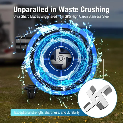 Vista 3 de CrestWave Bomba maceradora RV - Vaciado rápido de 4 minutos para tanques de caravanas y barcos 12 GPM, elevación de 10 pies Motor de cobre de 12