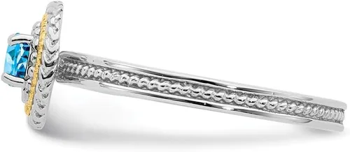 Vista 3 de Anillo de plata de ley 925 maciza y oro amarillo de 14 quilates apilable de plata de ley 925 con topacio azul