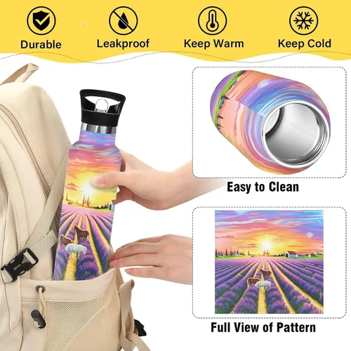 Vista 4 de Kids Water Bottle for School Leakproof Insulated Water Bottle with Straw 20oz, BPA-Free, Sunset Lavender Fields Horses