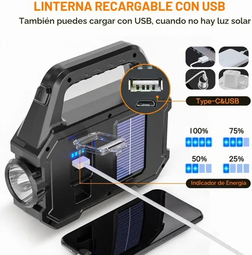 Vista 6 de Linterna Solar de Mano, 1000 Lúmenes Linternas de Mano con Carga Solar o USB, Linternas Portátiles Impermeables Alimentadas por Energía Solar con 6