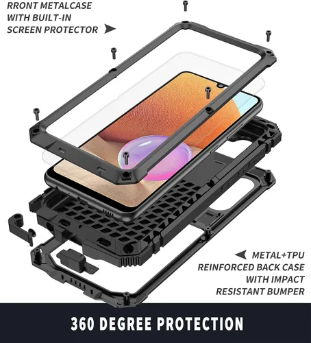 Vista 7 de Compatible con Samsung Galaxy A32 4G, aluminio metal, impermeable, a prueba de golpes, resistente cubierta protectora resistente, soporte integrado