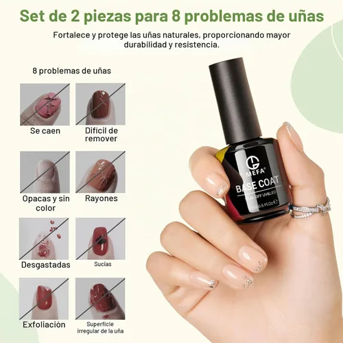 Vista 5 de MEFA Juego de 2 piezas de 15 ml de esmalte de uñas de gel, capa superior y base, esmalte de uñas de gel sin necesidad de limpieza, efecto de brillo
