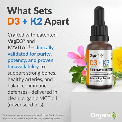Vista 4 de Organixx Suplemento D3 K2, apoya la salud ósea e inmunológica, fórmula biodisponible y de fácil absorción con aceite MCT, para bienestar general