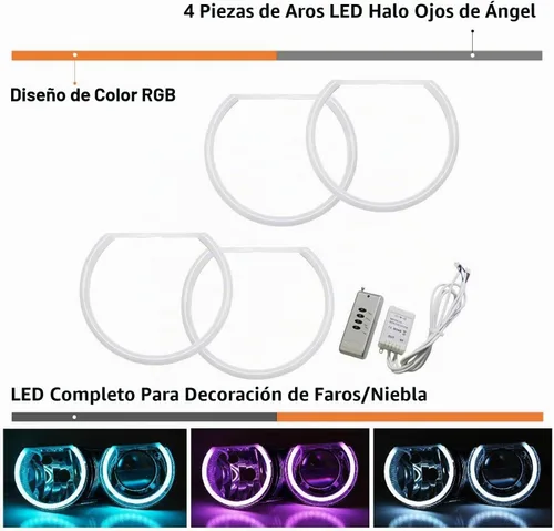 Vista 2 de iJDMTOY Juego de 4 anillos de halo LED RGB de 7 colores con ajuste ajustable compatible con BMW E39 E46 3 5 7 Series Xenon Trim