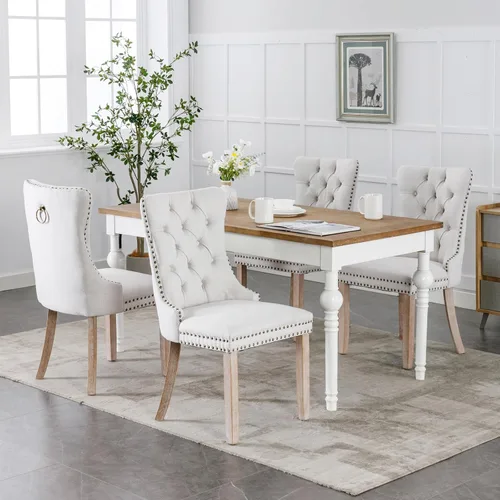 Vista 116 de Juego de 2 sillas de comedor de terciopelo con patas de madera, color beige Mid Century Modern Dining Chairs,Upholstered Chairs with Nailhead