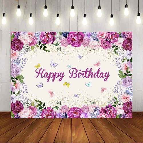 Vista 5 de Mocsicka Telón de fondo de fiesta floral de mariposa para bebés, niñas, hada, princesa, feliz cumpleaños, fotografía de fondo, vinilo para niños
