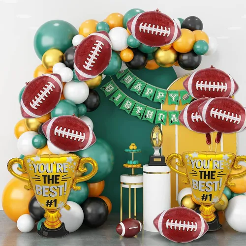 Vista 6 de Juego de 10 globos de fútbol, bola de rugby, trofeos, globos de papel de aluminio, decoraciones de fiesta de fútbol para portón trasero, celebración