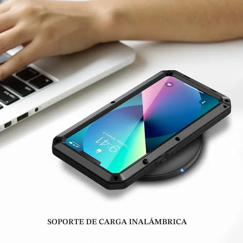 Vista 6 de Lanhiem Funda de metal para iPhone 13, resistente a los golpes, con protector de pantalla de vidrio integrado, funda protectora de cuerpo completo