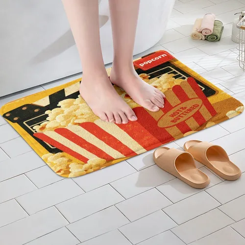Vista 4 de Alfombras de baño de cine con patrón de palomitas de maíz, alfombras de Btah para bañera para niños, diseño de póster de cine, tapetes de baño