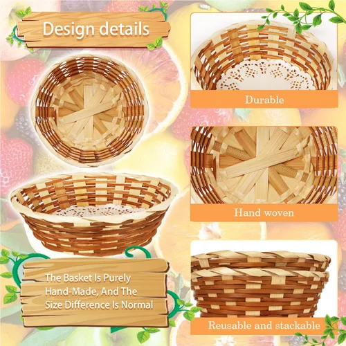 Vista 3 de 12 cestas pequeñas redondas de pan de bambú, 7 x 7 x 2.45 pulgadas, cestas de regalo para servir, cestas de servir alimentos para picnic restaurante