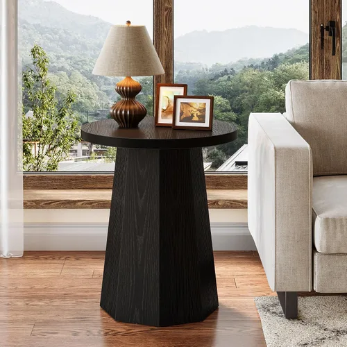 Vista 9 de Tribesigns Mesa Auxiliar Redonda de Estilo Rústico, Mesa Lateral de Madera para Sofá con Base Octagonal, Mesita de Noche Negra con Pedestal, Mueble