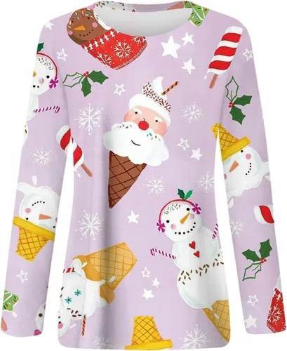 Vista 4 de RMXEi Camisas de Navidad 2023 a la moda, camisas de cuello redondo para mujer, camisas de Navidad casuales elegantes y holgadas