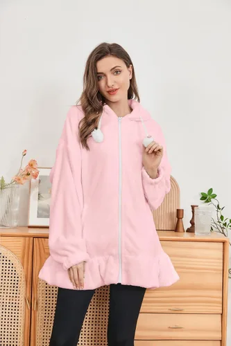 Vista 5 de Lanliun Abrigos de conejo de moda con capucha de orejas de conejo para mujer, suéter de franela con cremallera, abrigos de conejo