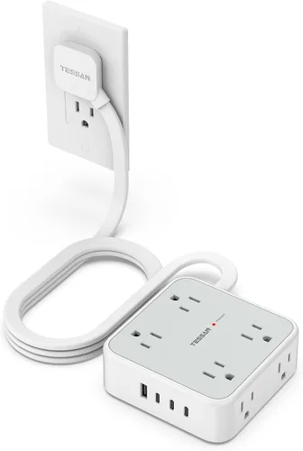 Vista 15 de TESSAN - Tira de alimentación con protector de sobretensiones, cable de extensión plano de 5 pies con 8 salidas de CA, 3 puertos USB (1 USB C), Gris