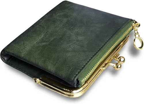 Vista 12 de Cartera para mujer pequeña plegable Rfid Mini monedero vintage con cremallera y cierre de beso (negro)
