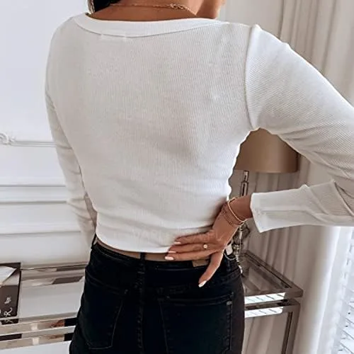 Vista 6 de Roselux Camisa de manga larga acanalada con cuello en V para mujer, ajustada, básica, de punto delgado