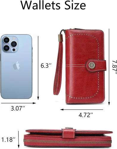 Vista 5 de Billetera de cuero para mujer, de gran capacidad, con cremallera, cartera con cremallera para mujer, 1-licor rojo, Moderno