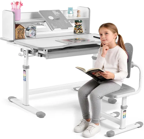 Vista 13 de Artist hand Kids Desk and Chair Set, Height Adjustable Desk with 0-40° Tilting Desktop, 2-Tier Bookshelf, Tablet Stand, Drawer, Hook and Ergonomic