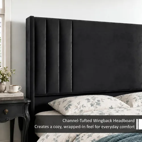 Vista 5 de Albott Base de cama de plataforma tamaño Queen, cama tapizada con cabecera y pie de cama con respaldo alado acolchado de canales verticales Negro