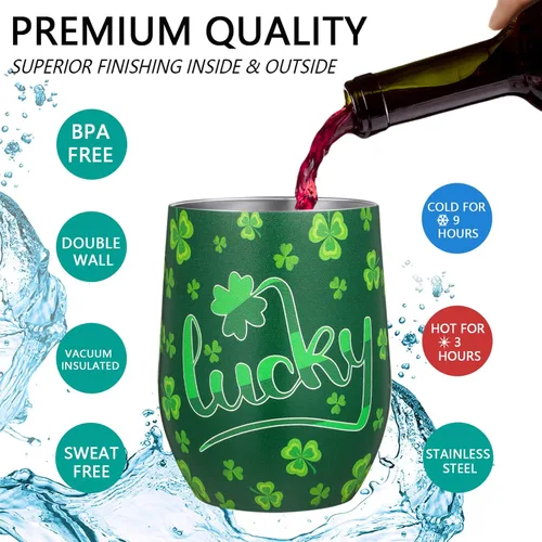 Vista 4 de Zopeal 4 vasos de vino del Día de San Patricio, tazas de café de acero inoxidable de 12 onzas, regalos irlandeses para mujeres y hombres, vasos