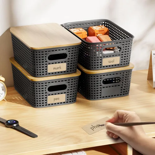 Vista 9 de 6 contenedores de almacenamiento con tapas, cesta de almacenamiento de plástico apilable con tapa de bambú, caja organizadora de despensa