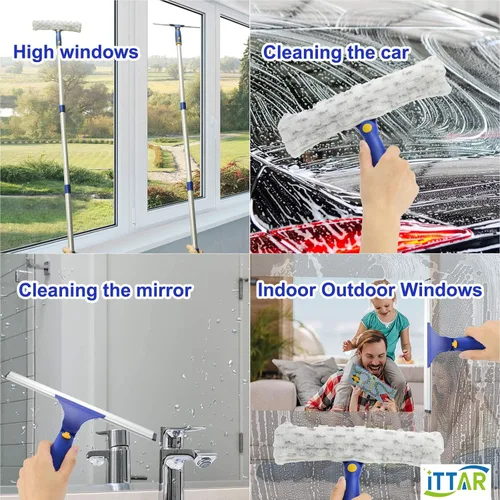 Vista 7 de Kit de lavado de ventanas giratorio ITTAR, escobilla limpiadora de ventanas con barra de extensión de 152 cm, escobilla de goma y combo de 2