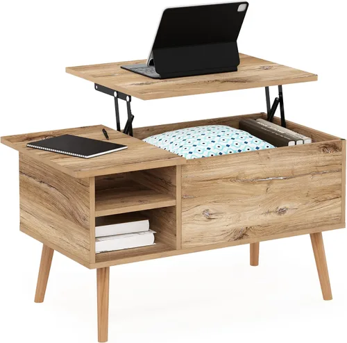Vista 10 de Furinno Jensen - Mesa auxiliar de madera con parte superior elevadora de patas con compartimento oculto y estante lateral abierto para sala