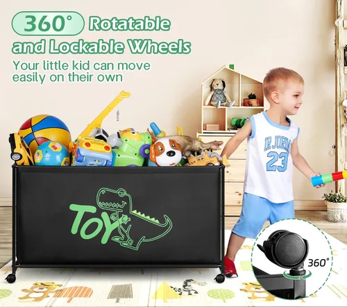 Vista 2 de MISSLO Caja grande de juguetes con ruedas, gran baúl de juguetes para niños, organizador de juguetes, 124L, color negro