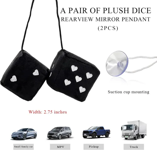 Vista 2 de 1 par de dados de felpa mullidos para espejo de automóvil, dados cuadrados retro de 3 pulgadas con forma de corazón, adorno colgante de dados retro