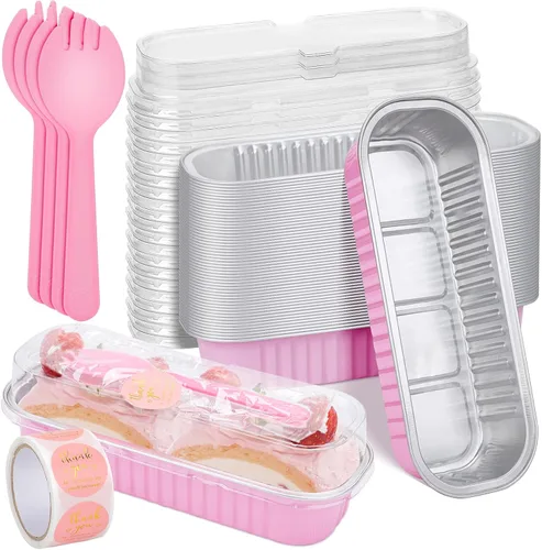 Vista 11 de Paquete de 100 mini moldes para pan de Navidad con tapas, mini moldes para pasteles con tapas y cucharas, moldes de papel de aluminio de 6.8 onzas