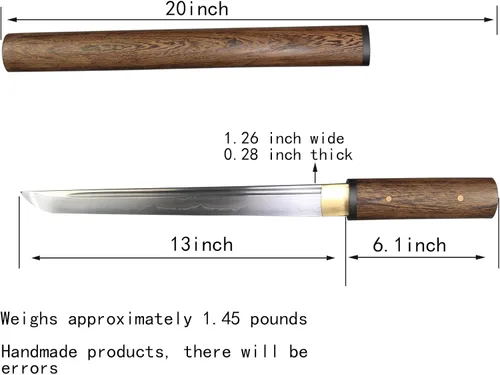 Vista 3 de Tanto Japonés Hecho a Mano de Acero Damasco Templado en Arcilla Espada Katana Corta Afilada de 20 Pulgadas