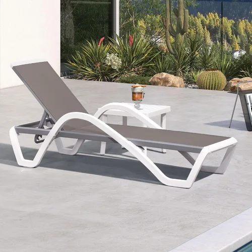 Vista 31 de PURPLE LEAF Juego de 3 tumbonas para patio con brazo y mesa, plástico Caqui