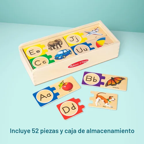 Vista 4 de Melissa & Doug Rompecabezas de madera del alfabeto autocorregido con caja de almacenamiento (52 piezas) rompecabezas ABC, rompecabezas del alfabeto