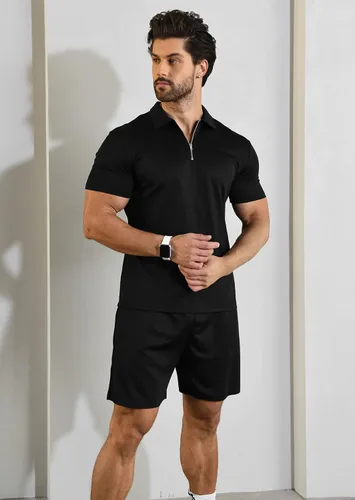 Vista 4 de YTD Conjunto de camisa polo y pantalones cortos casuales de manga corta para hombre, conjunto de dos piezas de verano con cremallera para hombre